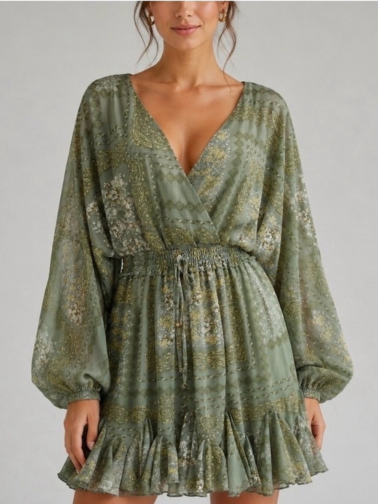 Altar'd State Dresses & Skirts - Altar'd State Olive Green Paisley Wrap Mini Dress